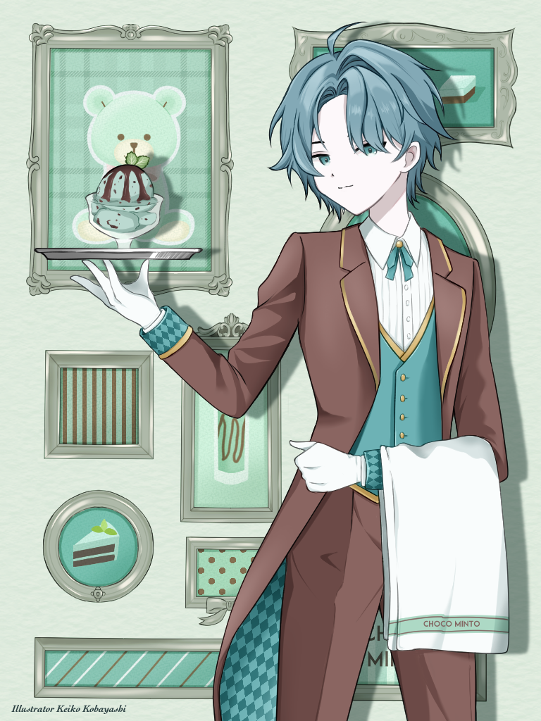 緑髪のクールな執事。チョコミントカラーの配色でまとめ上げた作品。